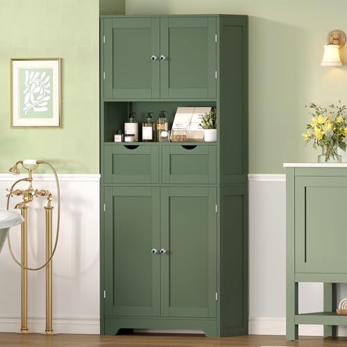 White Tall Bathroom Cabinet with 2 Drawers & 2 Adjustable Shelves & 4 Doors S489
