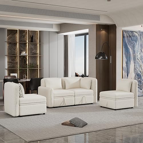 Cream Chenille Fabric Modular Sectional Sofa with Storage and 5 Pillows U2514