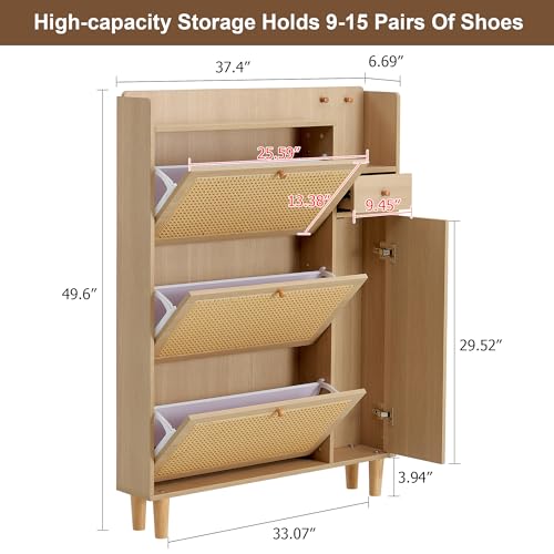 Shoe Cabinet Storage with Rattan Doors & Adjustable Shelves Y84746
