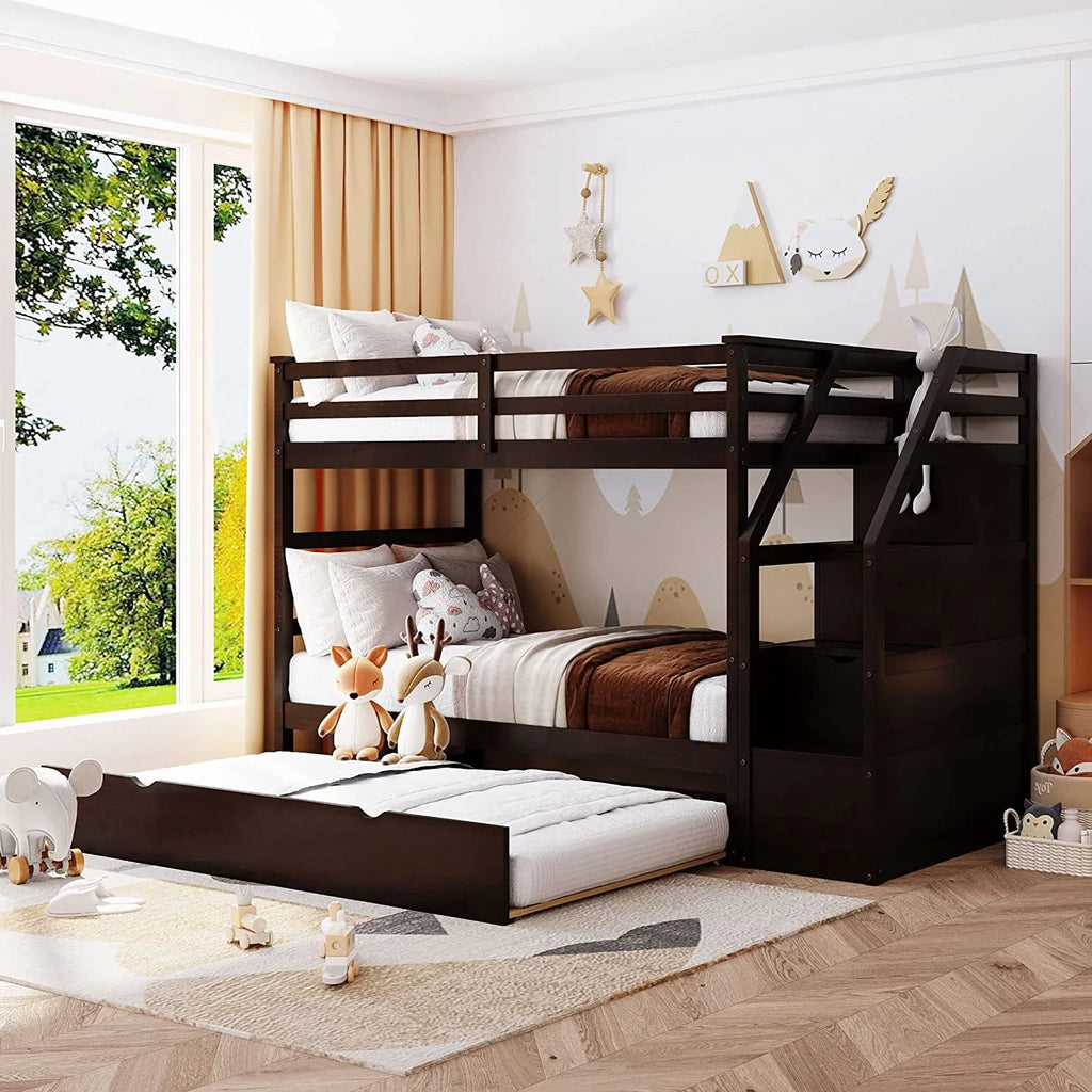 Espresso Wooden Over Bunk Bed with Trundle and 3 Storage Stairs F82653