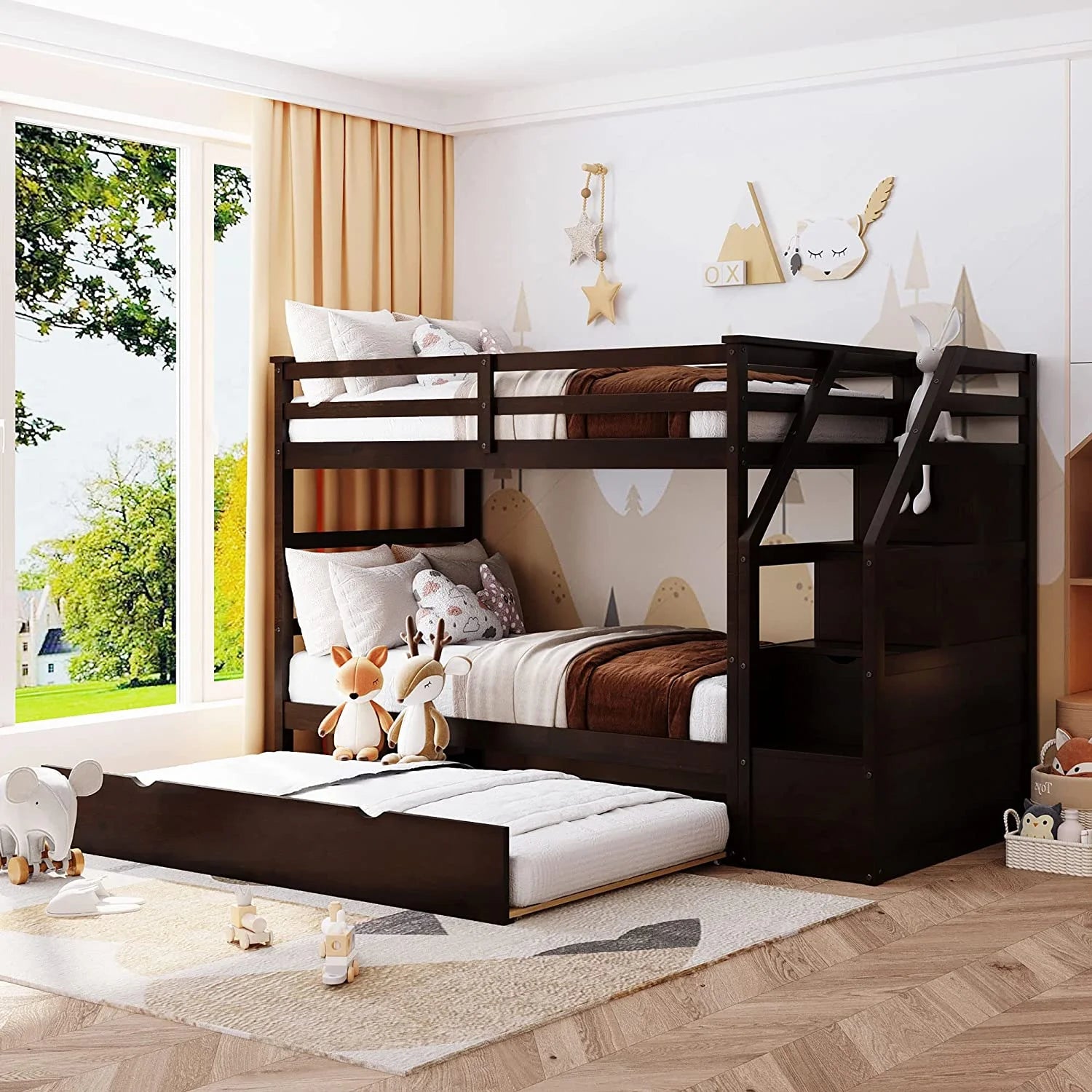 Espresso Wooden Over Bunk Bed with Trundle and 3 Storage Stairs F82653