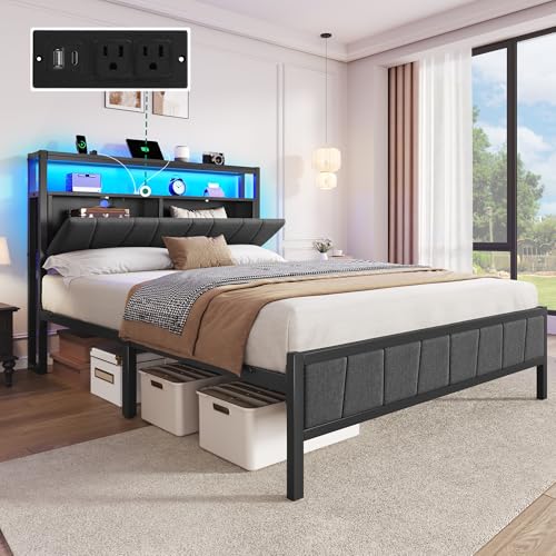 Gray Queen Upholstered Bed Frame with Storage Headboard N5466