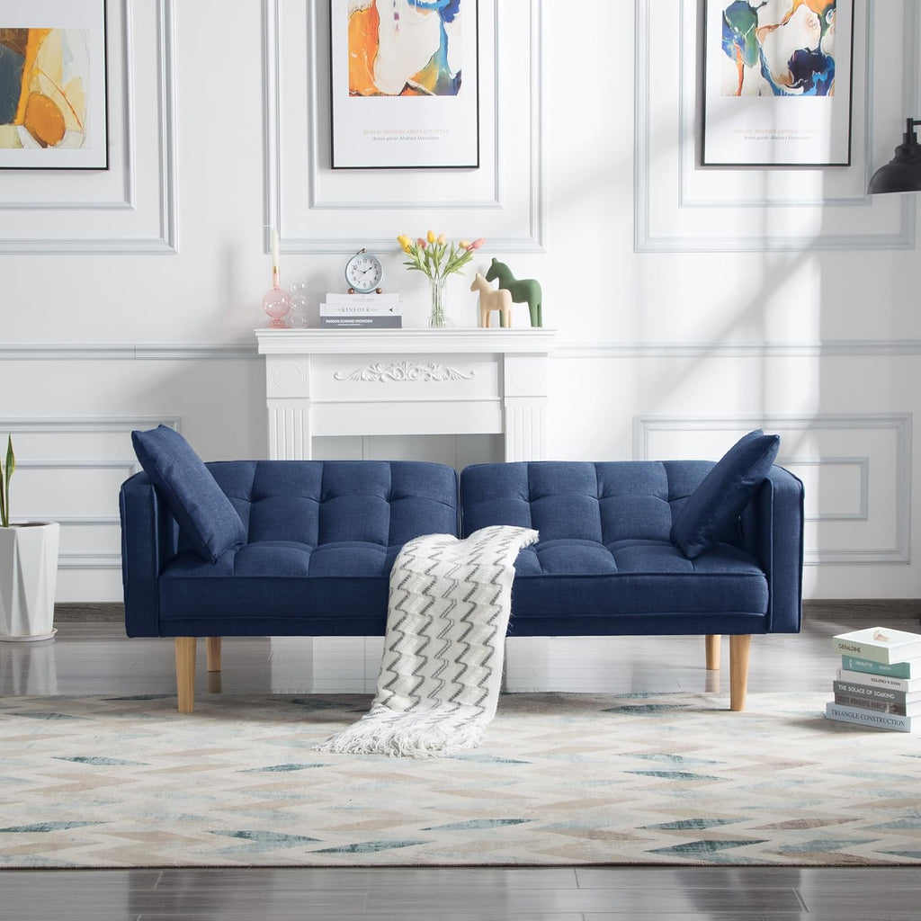 Navy Blue Tufted Fabric Futon Sofa Bed with Wooden Legs and 2 Square Pillows L9040