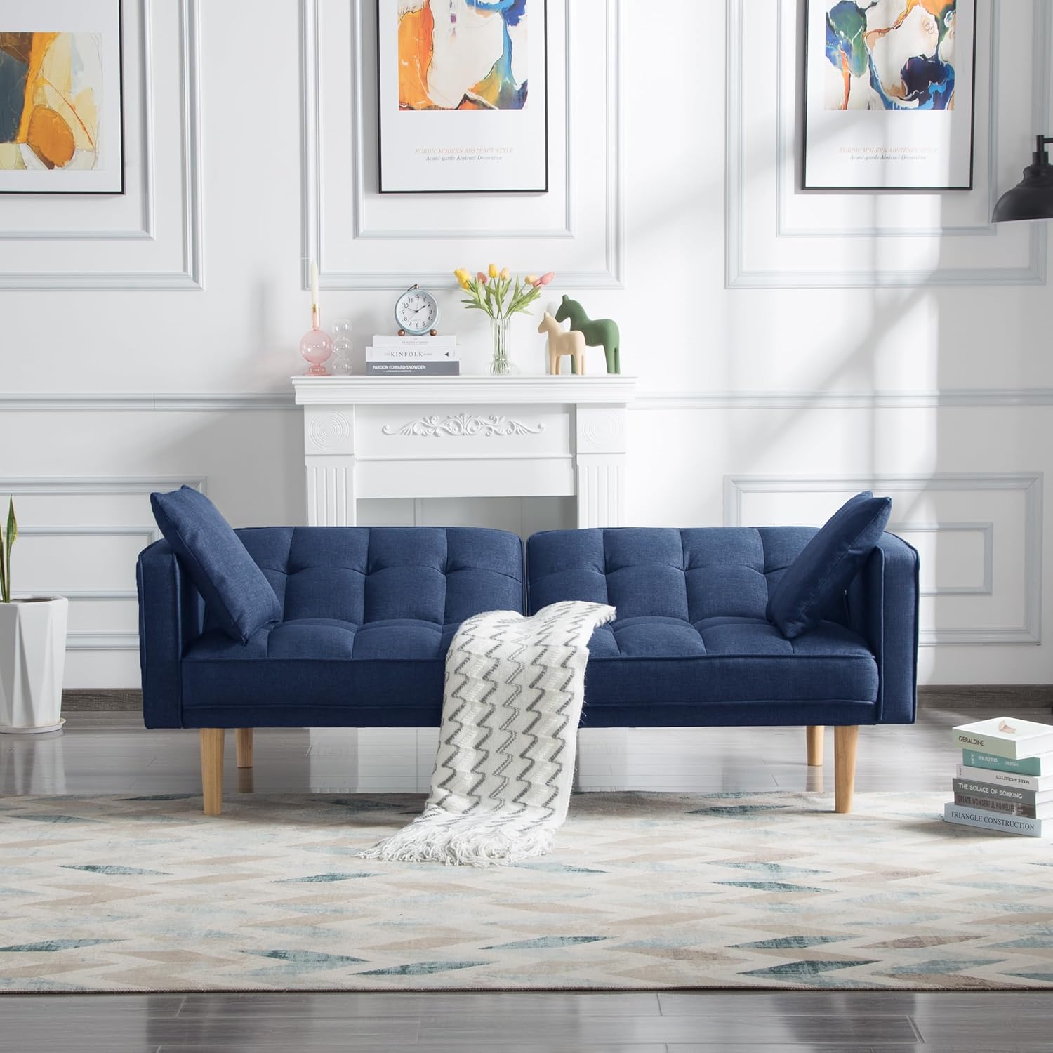Navy Blue Tufted Fabric Futon Sofa Bed with Wooden Legs and 2 Square Pillows L9040