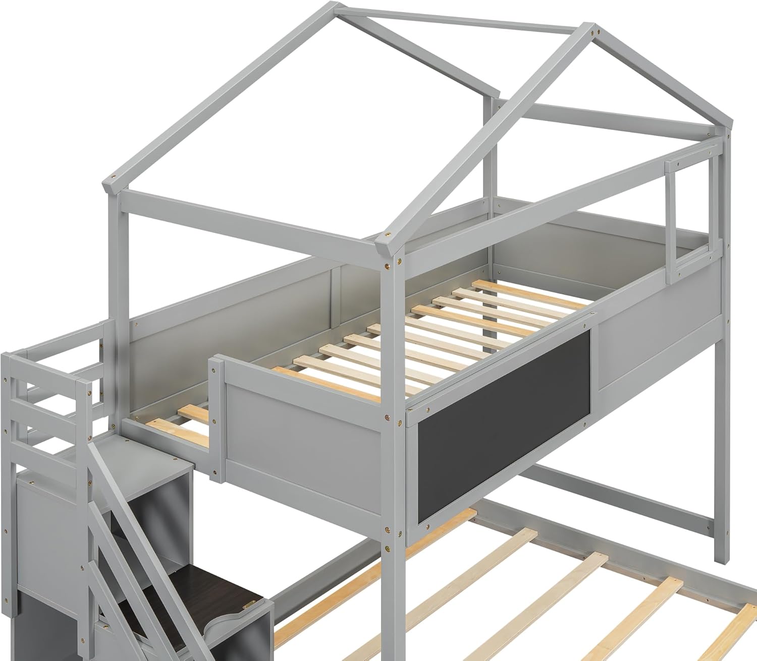 Gray Wood L-Shaped Twin Over Full Bunk Bed with Storage Stairs and Blackboard N15809