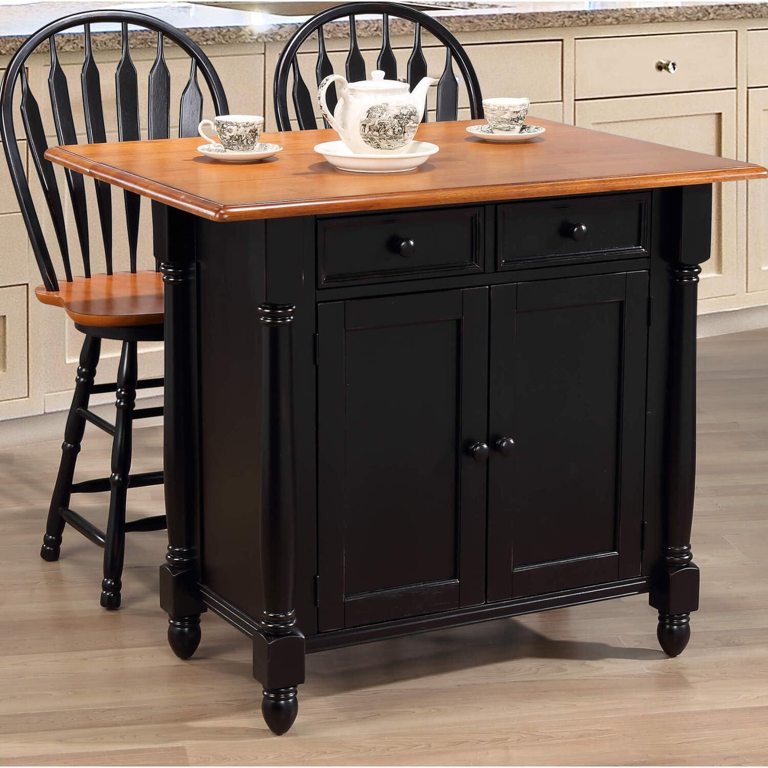 Antique Black Expandable Kitchen Island with Cherry Drop Leaf Top G1197