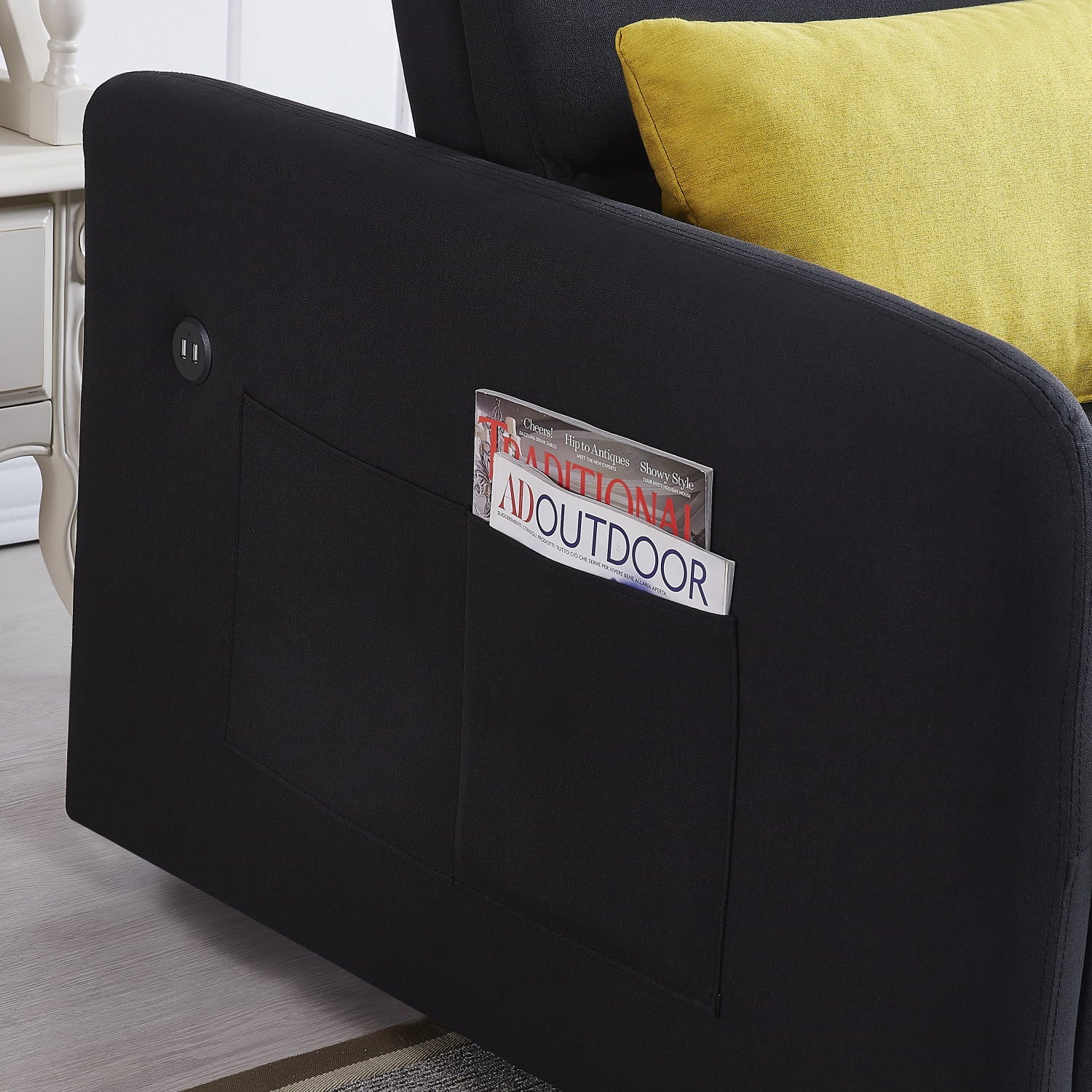 Black Velvet Convertible Loveseat Sleeper Sofa Bed with USB T3429
