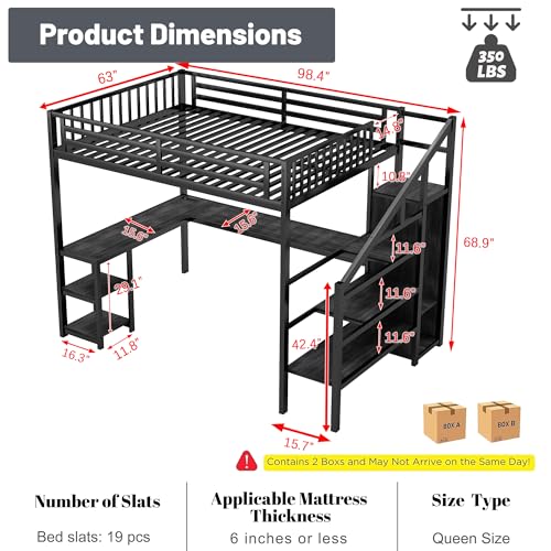 Queen Size Metal Loft Bed with L-Shaped Desk and Stairs, Black A878