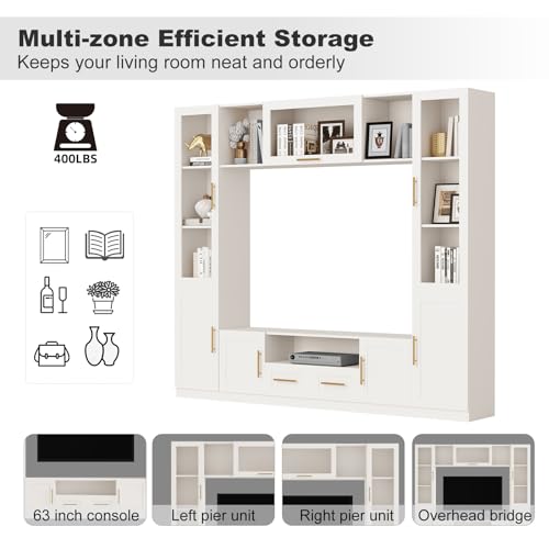White 4-Piece Large TV Stand Wall Unit with Bookshelves Q834