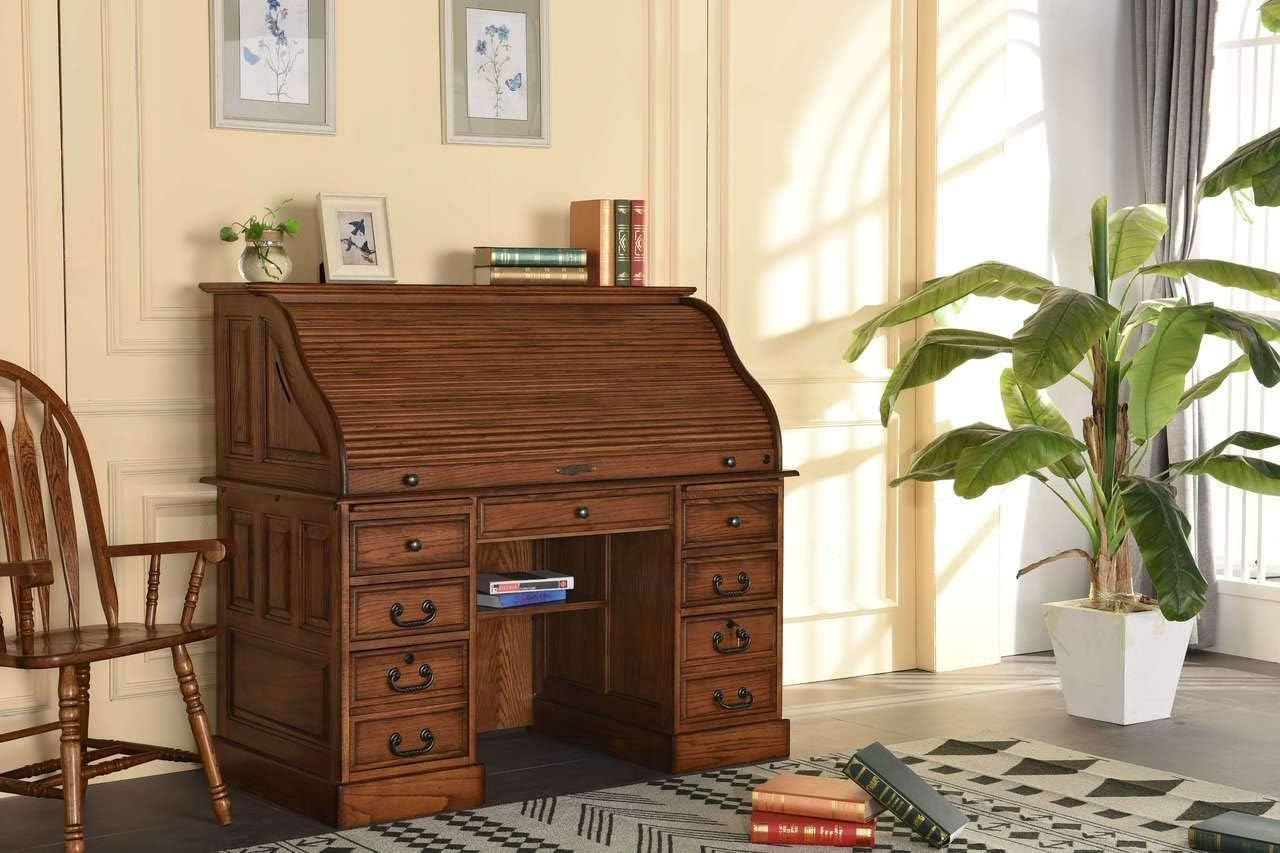 54 Inch Solid Oak Wood Roll Top Desk K680740