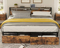 King Bed Frame with Storage Headboard, Platform Bed with Drawers and Charging Station, Vintage Brown Y3483
