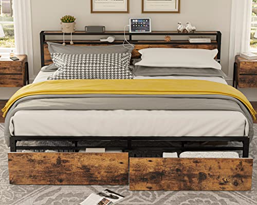 King Bed Frame with Storage Headboard, Platform Bed with Drawers and Charging Station, Vintage Brown Y3483