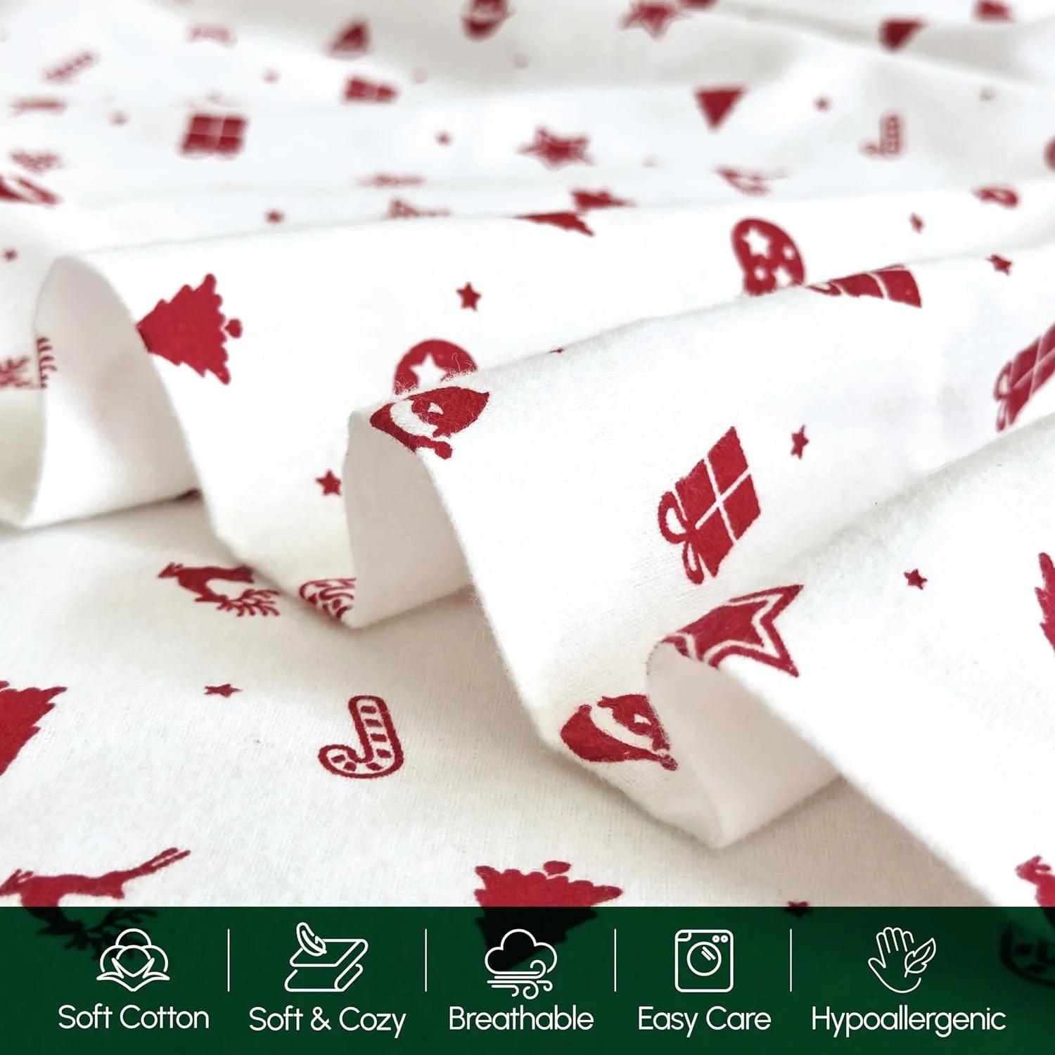 King Flannel Sheets - 4-Piece 100% Turkish Cotton, Red Stars, Deep Pocket Q766