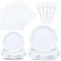 400 Pcs Ivory Paper Plates and Napkins Set Disposable Scalloped Plates Napkins Knives Forks Spoons Cups W24959
