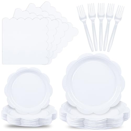 400 Pcs Ivory Paper Plates and Napkins Set Disposable Scalloped Plates Napkins Knives Forks Spoons Cups W24959