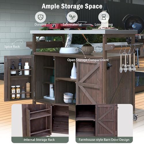 Natural Solid Wood Outdoor Kitchen Island with Stainless Steel Top S30226