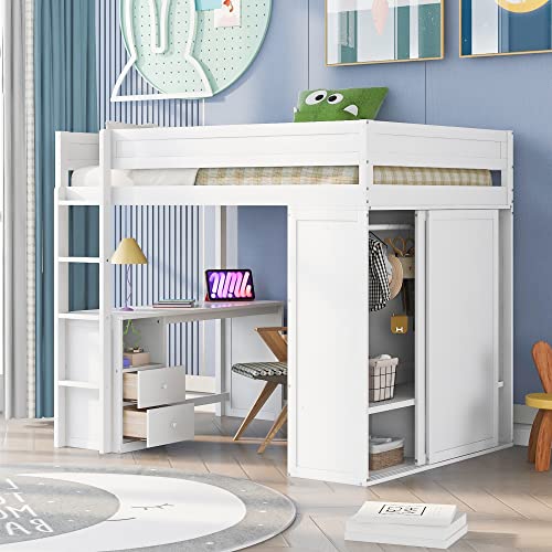 White Wooden Full Size Loft Bed with Storage Wardrobe, Desk, Drawers, Cabinet, and Ladder N275