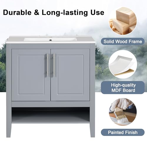 White Solid Wood Bathroom Vanity with Sink and 2 Soft Closing Doors and Drawer Y621802