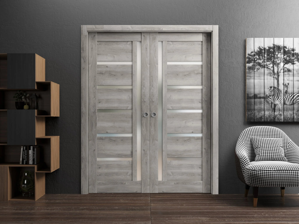 Sliding French Double Pocket Doors 84 x 80 inches Solid Wood with Frosted Glass U859