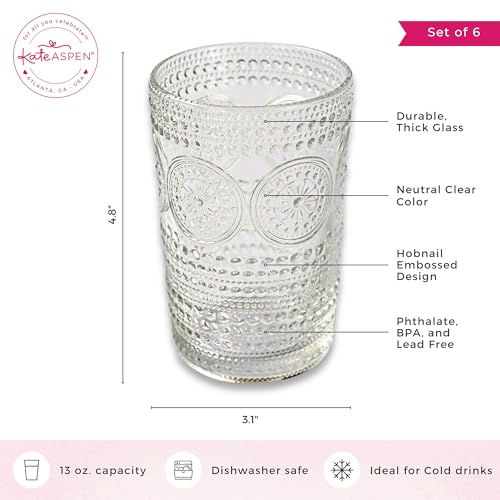 Hobnail Beaded Floral Rose Gold Drinking Glasses Set of 6, 13 oz Glassware Set U2687
