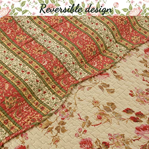 Vintage Floral Rose Chintz 3-Piece Khaki Pink Green Scalloped Cotton Reversable Queen Quilt Bedding Set B97894