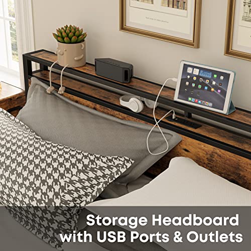 King Bed Frame with Storage Headboard, Platform Bed with Drawers and Charging Station, Vintage Brown Y3483