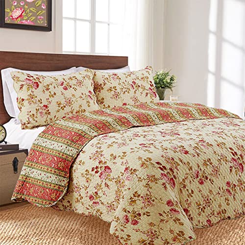 Vintage Floral Rose Chintz 3-Piece Khaki Pink Green Scalloped Cotton Reversable Queen Quilt Bedding Set B97894