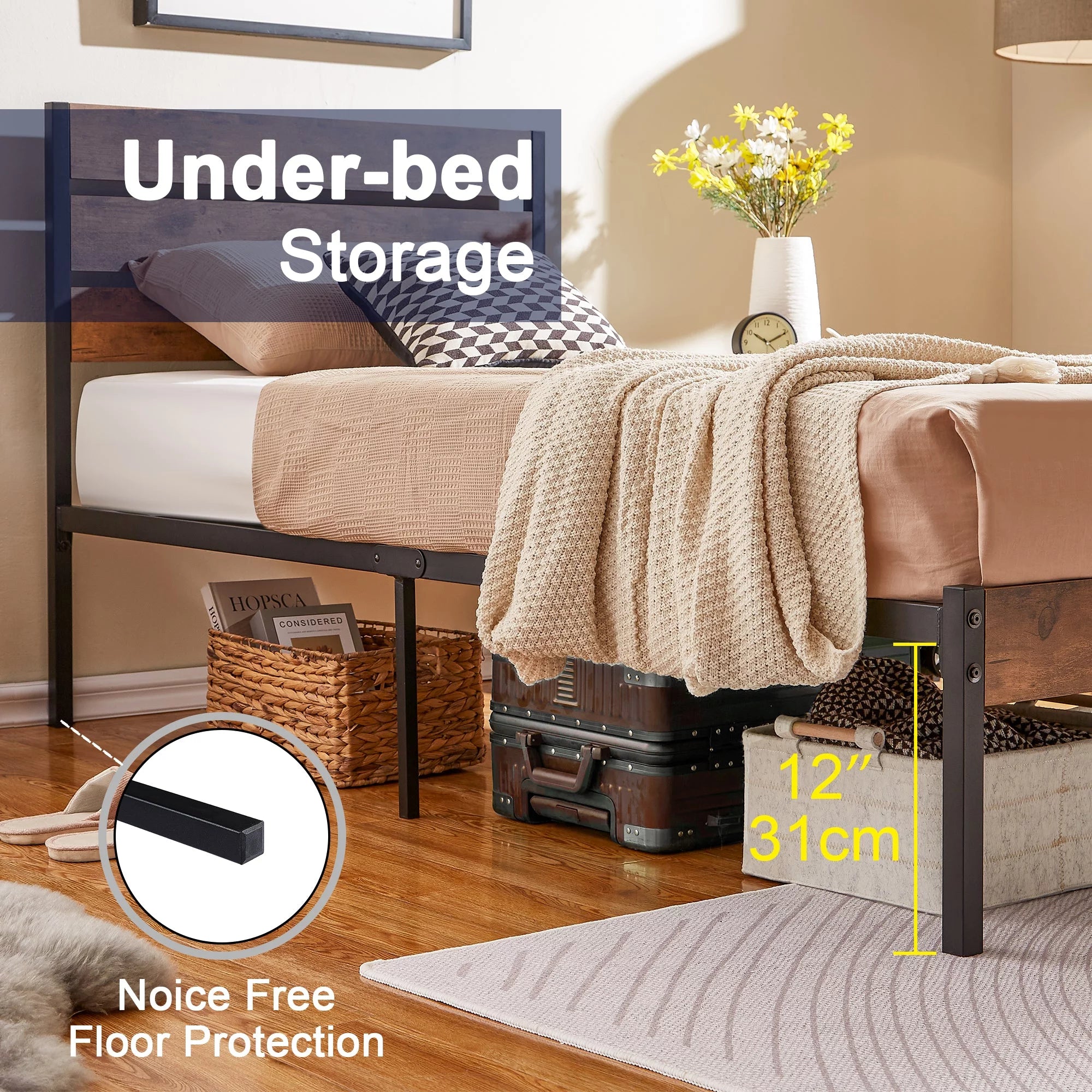 Brown Twin Bed Frame with Wooden Headboard and Metal Slats W915852