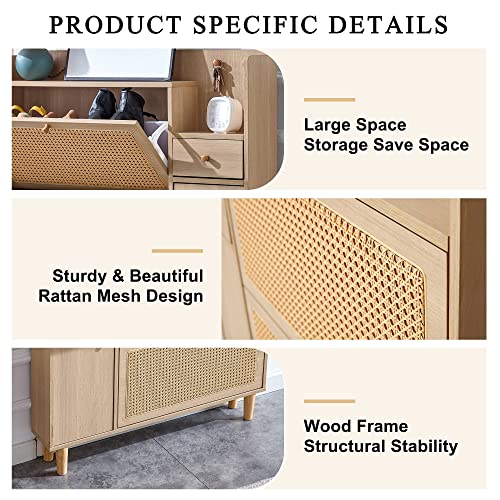 Shoe Cabinet Storage with Rattan Doors & Adjustable Shelves Y84746