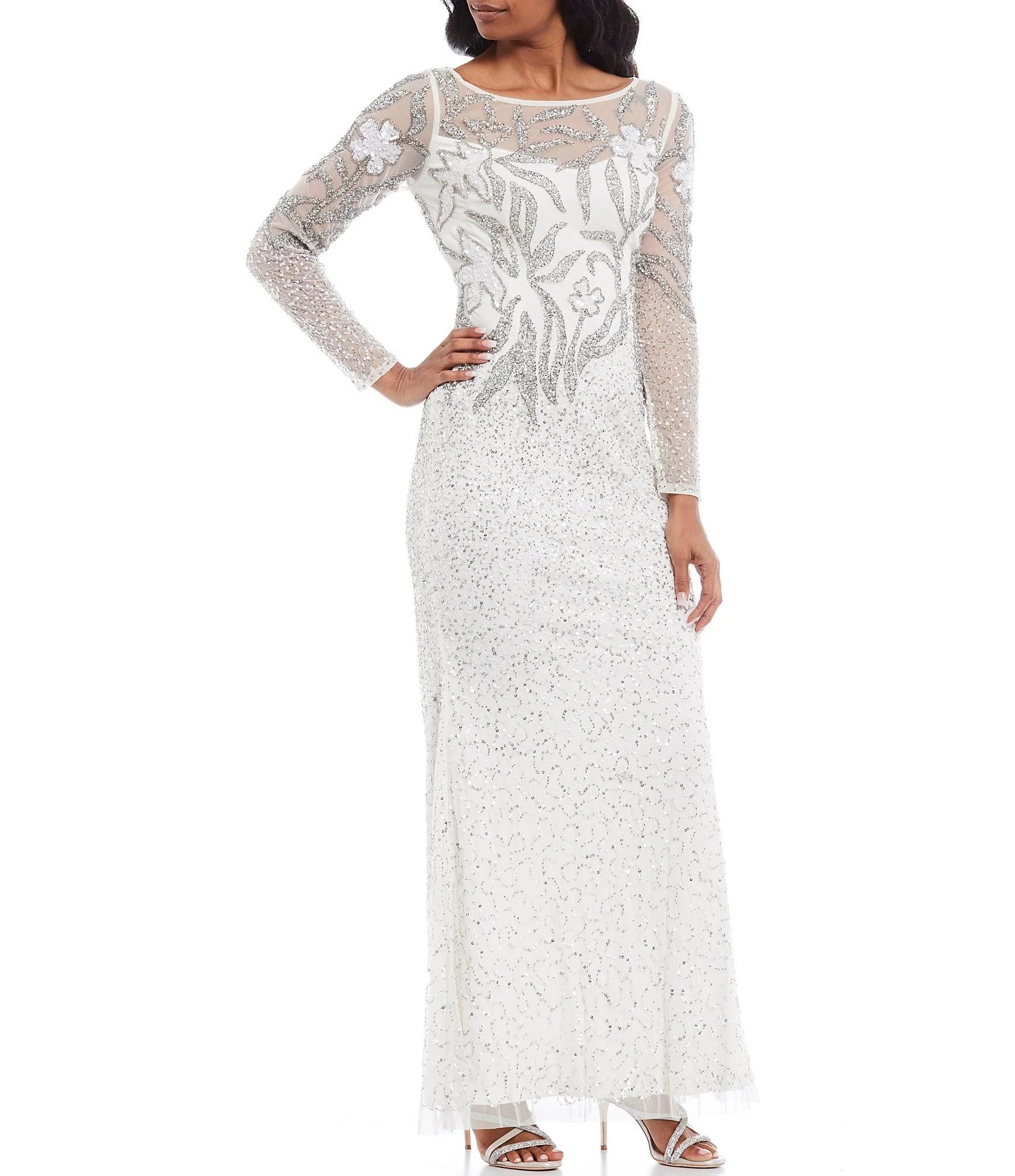 Embellished Illusion Gown - Ivory/Silver D360