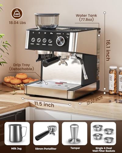 20 Bar Espresso Coffee Machine with Grinder and Milk Frother Steam Wand M676
