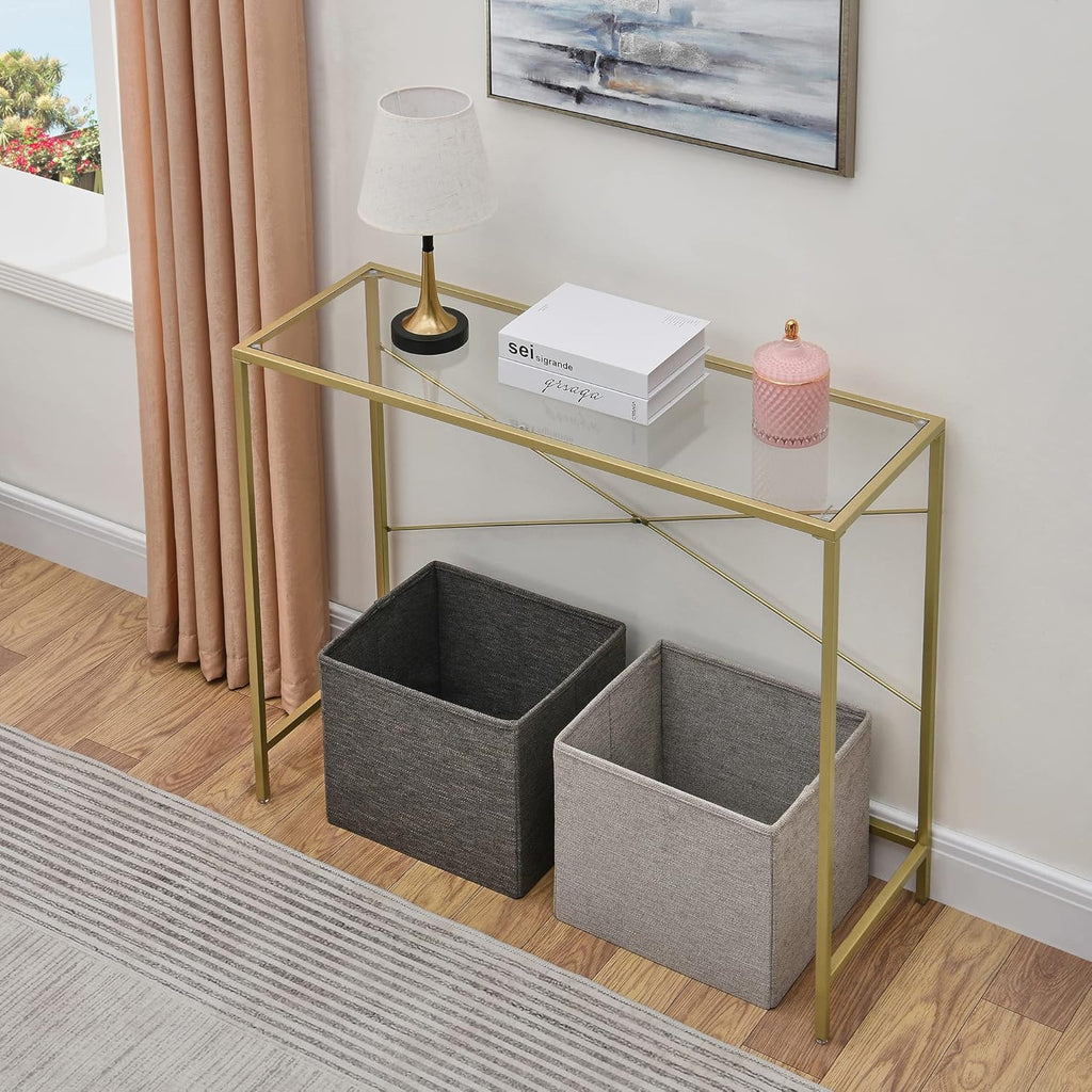 Gold 39.37" Tempered Glass Top Narrow Console Table with Metal Frame Y375194