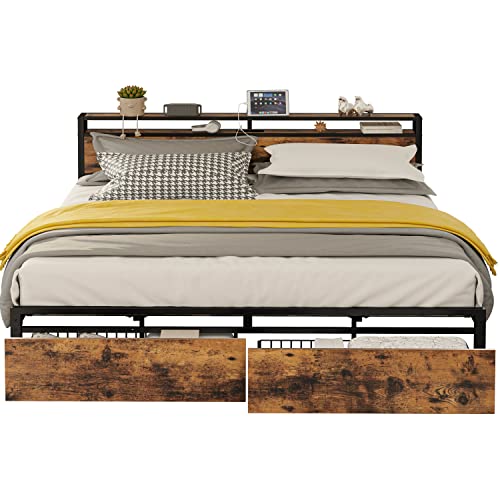 King Bed Frame with Storage Headboard, Platform Bed with Drawers and Charging Station, Vintage Brown Y3483