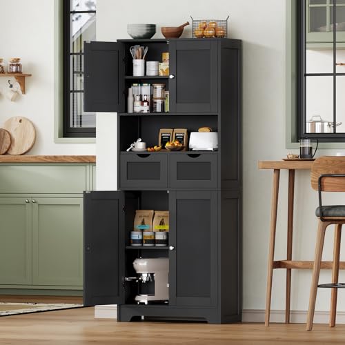 White Tall Bathroom Cabinet with 2 Drawers & 2 Adjustable Shelves & 4 Doors S489