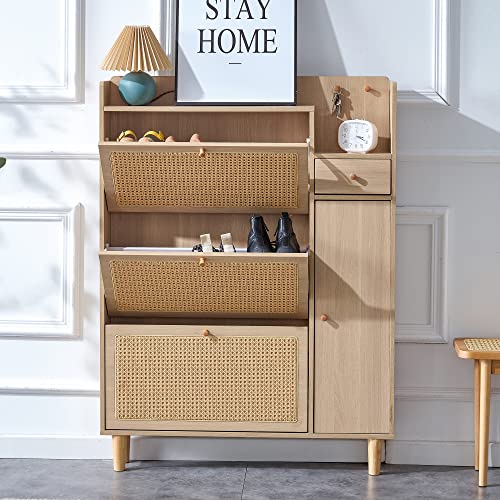 Shoe Cabinet Storage with Rattan Doors & Adjustable Shelves Y84746