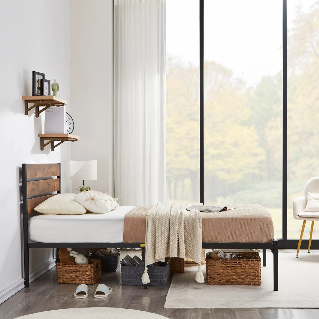 Brown Twin Bed Frame with Wooden Headboard and Metal Slats W915852
