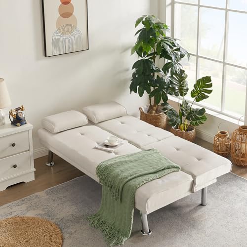 Futon Sofa Bed with Removable Armrests and 2 Cup Holders D4970