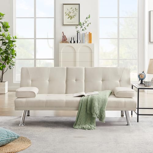 Futon Sofa Bed with Removable Armrests and 2 Cup Holders D4970