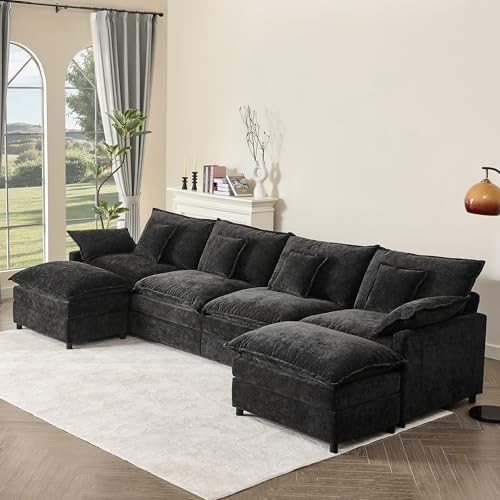 Black Chenille U Shaped Modular Sectional Sofa with Ottoman U916