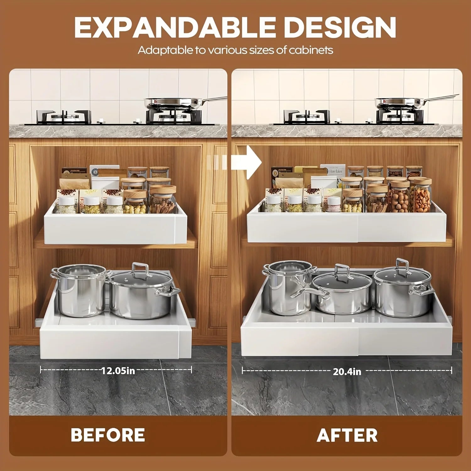 2Pack Expandable Pull Out Cabinet Organizer 16Deep, Slide Out Drawers With 6pcs Divider Racks, Roll Out Shelves Adhesive, Adjustable Width11.7-20 S228960