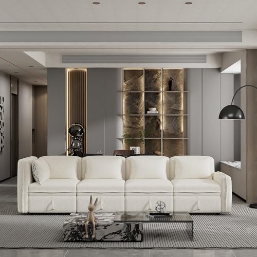 Cream Chenille Fabric Modular Sectional Sofa with Storage and 5 Pillows U2514