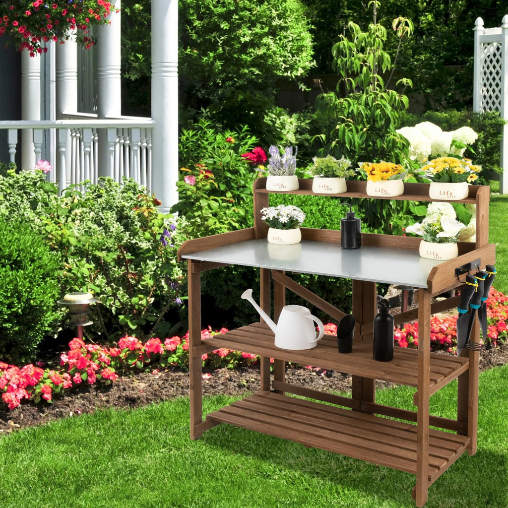 Folding Potting Bench Table with Galvanized Tabletop 2 Tier Storage Shelves X3242