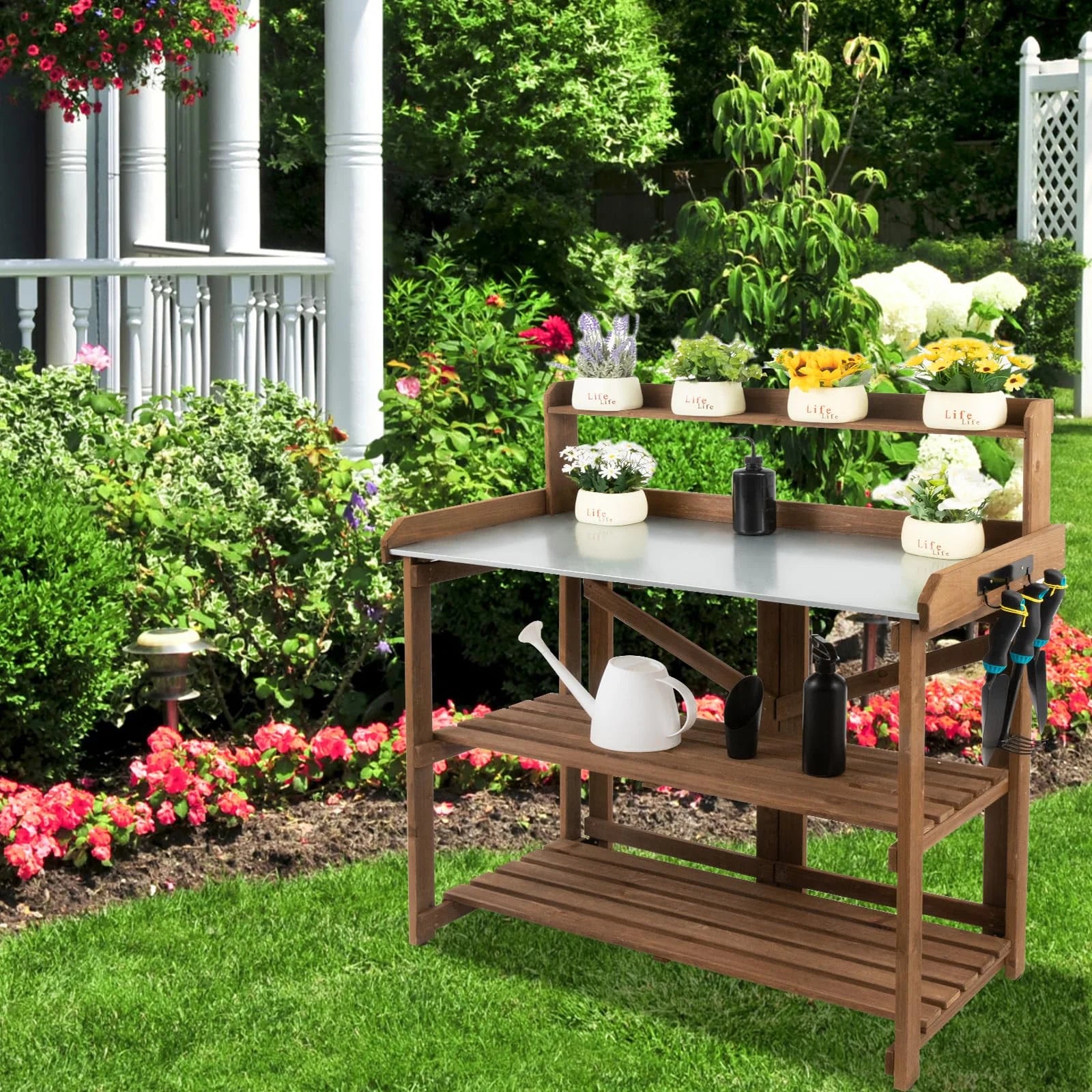 Folding Potting Bench Table with Galvanized Tabletop 2 Tier Storage Shelves X3242