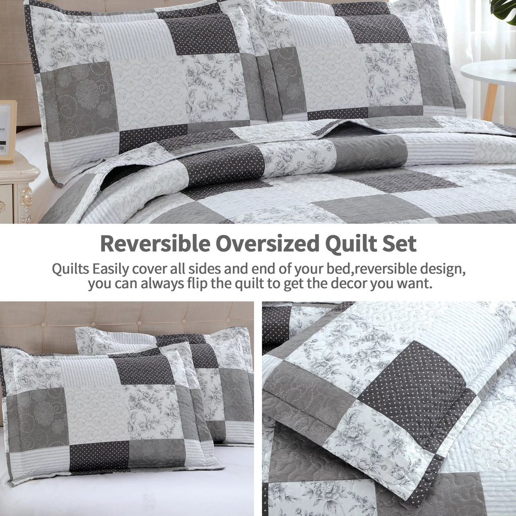 King Size Black White Grey Plaid Patchwork Quilt Microfiber Bedspread B5031