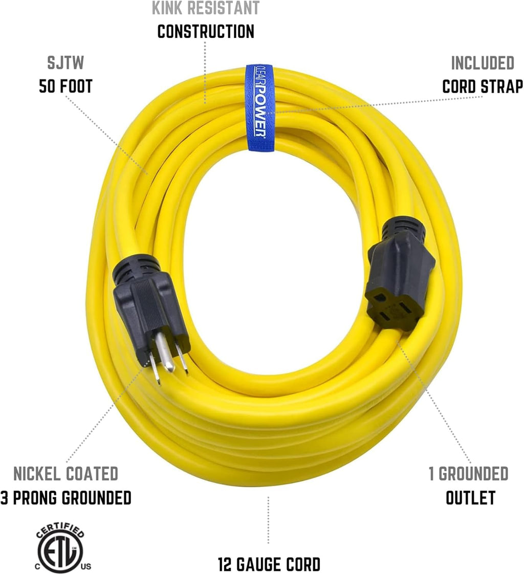 50 ft Heavy Duty Outdoor Extension Cord 12/3 SJTW, Yellow, 3 Prong Grounded Plug R80882
