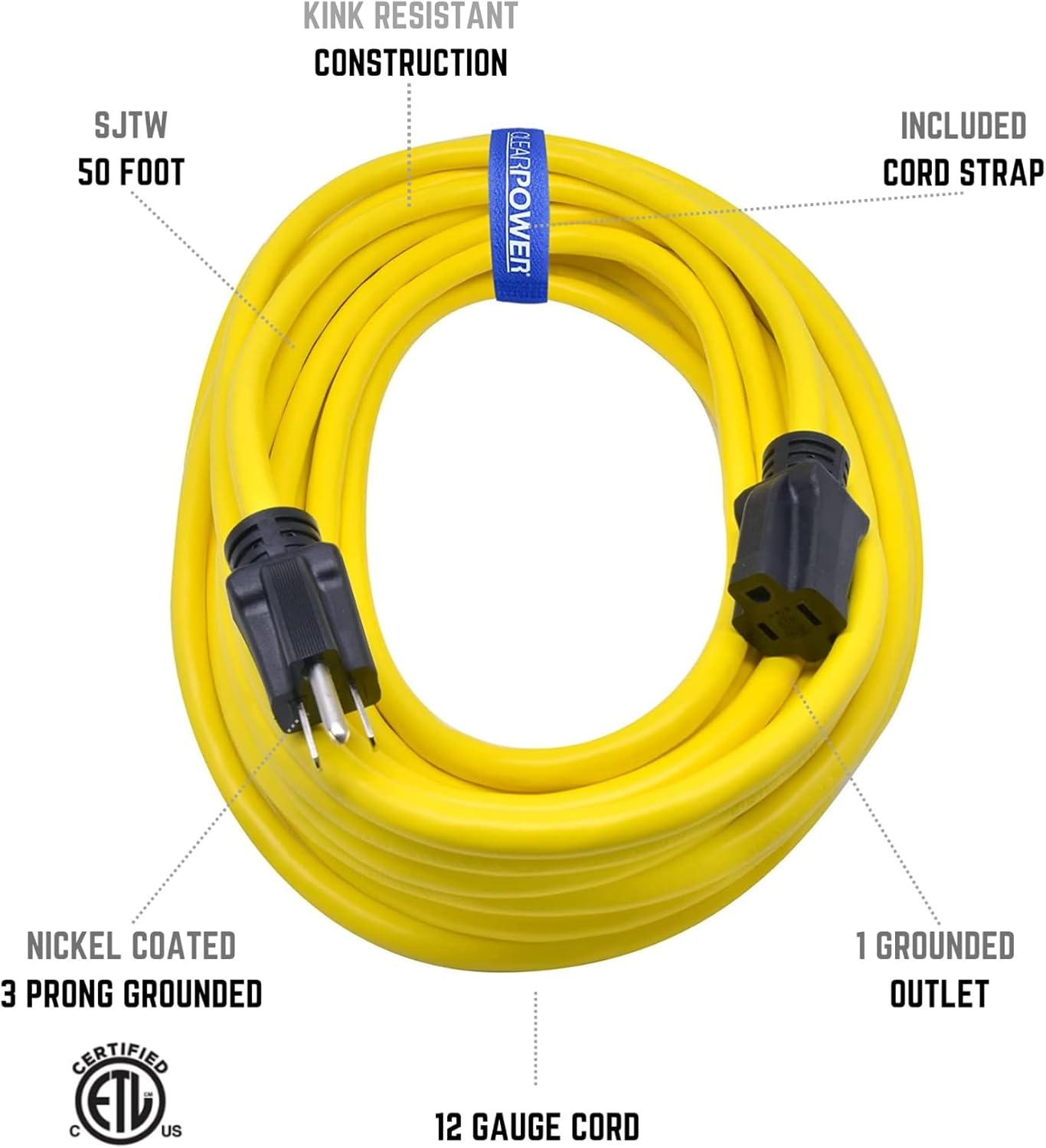 50 ft Heavy Duty Outdoor Extension Cord 12/3 SJTW, Yellow, 3 Prong Grounded Plug R80882