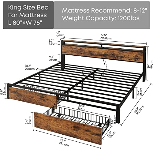 King Bed Frame with Storage Headboard, Platform Bed with Drawers and Charging Station, Vintage Brown Y3483