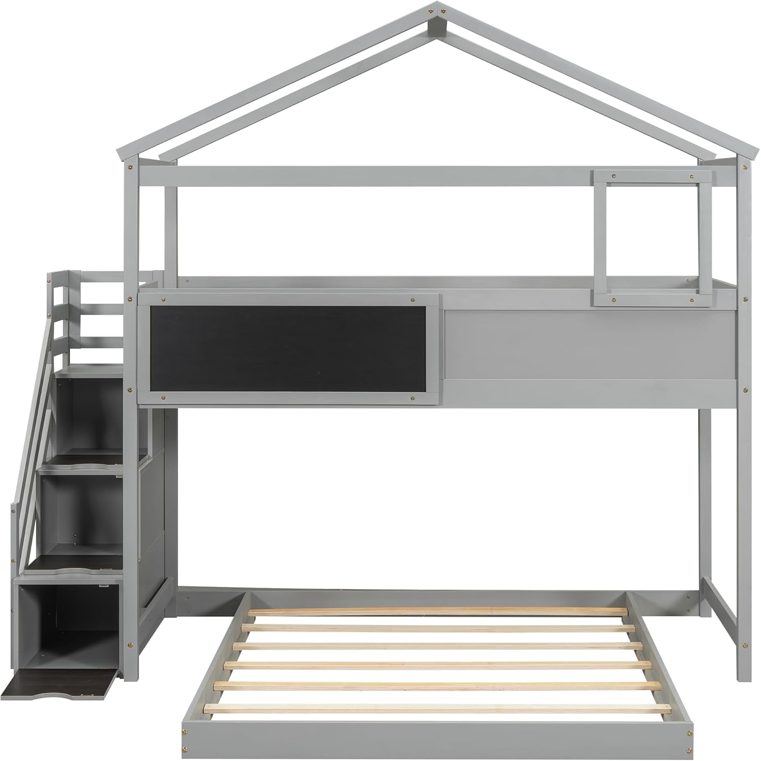 Gray Wood L-Shaped Twin Over Full Bunk Bed with Storage Stairs and Blackboard N15809