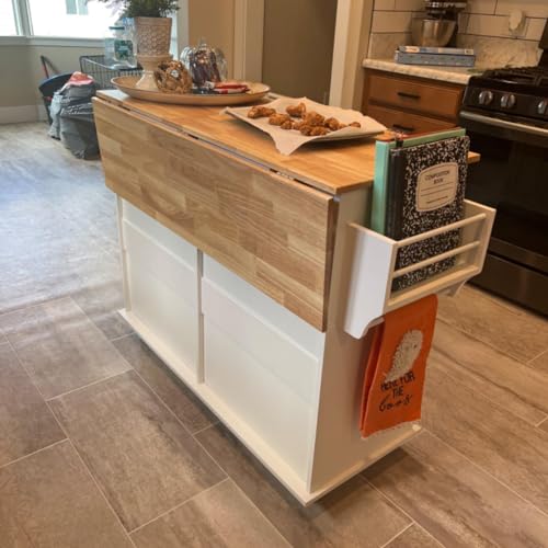 White Rolling Kitchen Island with Drop Leaf and Storage Cabinet W1275