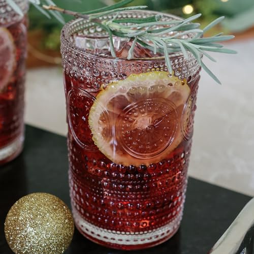 Hobnail Beaded Floral Rose Gold Drinking Glasses Set of 6, 13 oz Glassware Set U2687